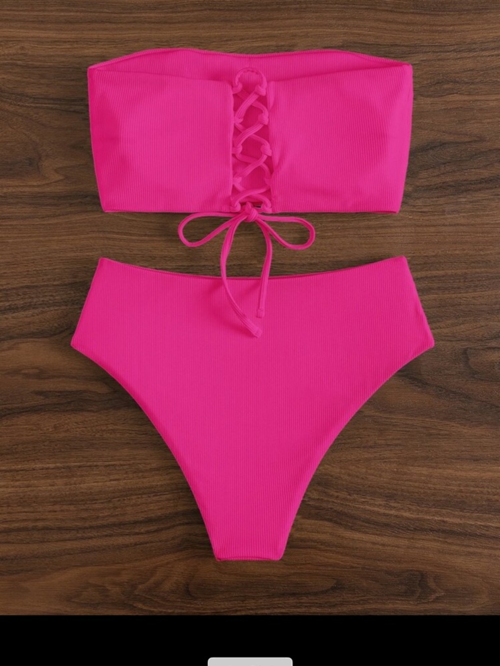 Hot Pink Lace-Up Bandeau Bikini Set
